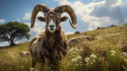Fototapeta premium An adult male European mouflon with large horns UHD WALLPAPER