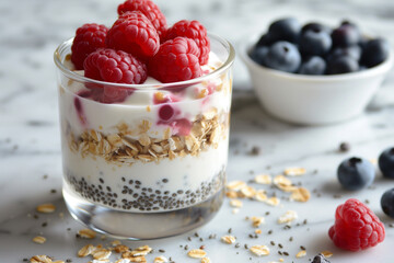 Healthy breakfast. Yogurt with chia seeds, oat flakes and raspberries near glass with yogurt and blueberries on marble surface - Powered by Adobe