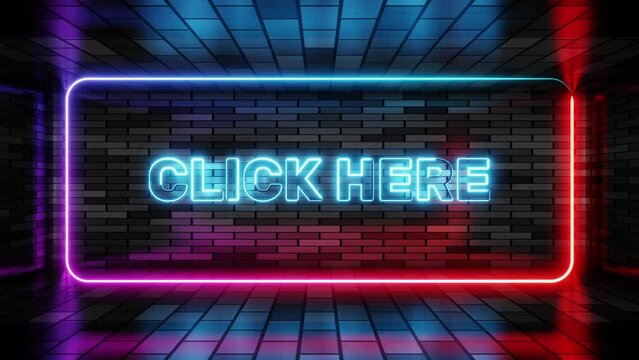 Neon sign click here in speech bubble frame on brick wall background 3d render. Light banner on the wall background. Click here loop navigation or call to action, design template, night neon signboard