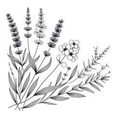 Lavender flowers bouquet. Black and white vector illustration.