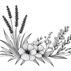 Lavender flowers bouquet. Black and white vector illustration.