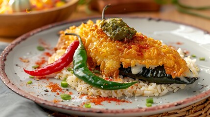 Mexican chile relleno stuffed poblano pepper with cheese, battered, and fried, served with rice and beans - obrazy, fototapety, plakaty