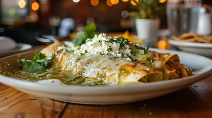 Mexican enchiladas verdes with chicken, rolled in corn tortillas and topped with salsa verde, cheese, and crema - obrazy, fototapety, plakaty
