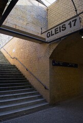 Grunewald, Germany - Feb 1, 2024: Track 17 at the Grunewald station was one of the three stations where a total of 55,000 Berlin Jews were deported during WW2. Sunny winter day. Selective focus