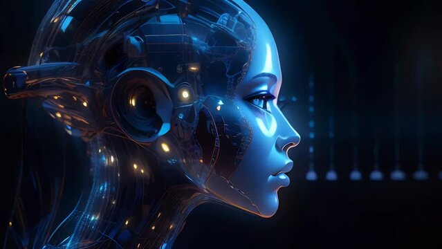 Face of a cyborg woman, futuristic soldier in a cyberpunk costume with neon lights on a dark background. Technology concept
