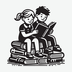 Boy and Girl reading book silhouette vector black & white Book lovers, fans of literature. Concept of Book