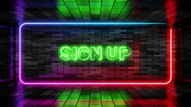 Neon sign up in speech bubble frame on brick wall background 3d render. Light banner on the wall background. Sign up loop navigation or call to action, design template, night neon signboard
