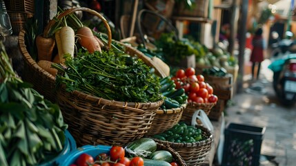 Local market with fresh farm products. Vegetables and herbs close-up on street counter