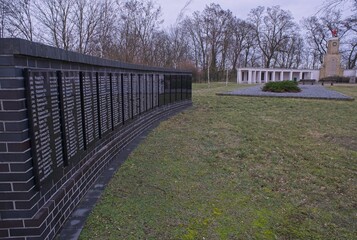 Lebus, Germany - Feb 3, 2024: This Red Army war cemetery contains the graves of 4537 Soviet soldiers who were killed in 1945 during Second World War. Cloudy winter day. Selective focus