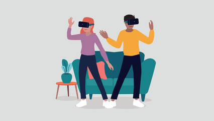 Vektor-Illustration von Menschen mit virtuellen Realität Brillen in ihrem Wohnzimmer - künstliche Intelligenz Konzept