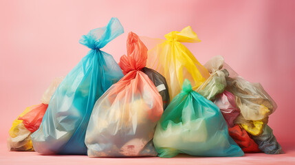 Colorful plastic trash bags. Colorful garbage bags. Global environmental pollution. Protecting the nature from contamination littering pollution