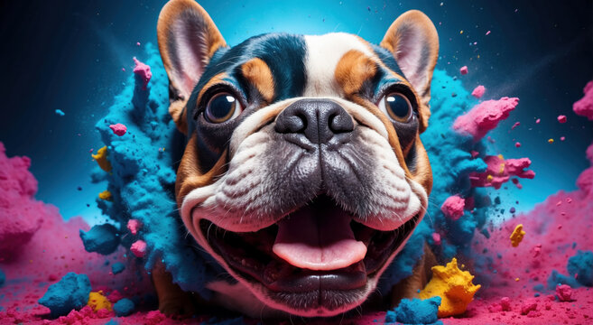 Happy French bulldog  with colorful dust explosion on background. AI generated