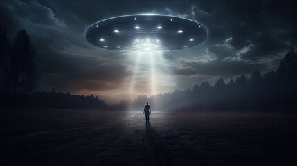 UFO Phenomena: Man Abducted by Extraterrestrial Beings  at night - obrazy, fototapety, plakaty