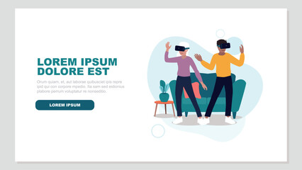 Vektor-Illustration von Menschen mit virtuellen Realität Brillen in ihrem Wohnzimmer - künstliche Intelligenz Konzept