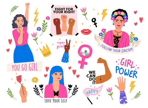 collection of inspirational quotes, cute women and feminism illustration for International Women's Day