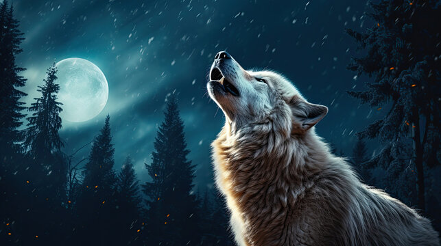 White wolf howling at the moon