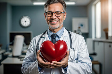 smiling doctor holding a red heart shaped balloon