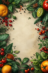 Vibrant Culinary Delight: Colorful Display of Fresh Herbs, Spices, and Fruits with a Vintage Backdrop