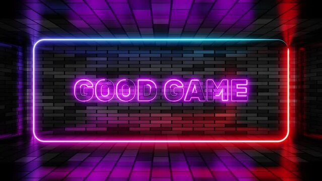 Neon sign good game in speech bubble frame on brick wall background 3d render. Light banner on the wall background. Good game loop virtual reality concept, design template, night neon signboard