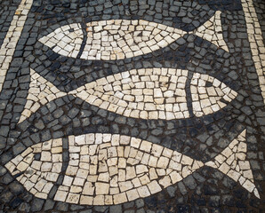 Black and white sidewalk stone pavement with a representation of fish