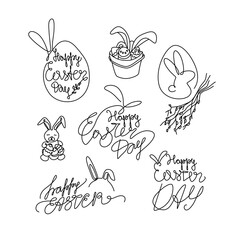 Happy Easter Day lettering with rabbit ears for greeting card, invitation template. Continuous line drawing, hand lettering, print for clothes, isolated vector.