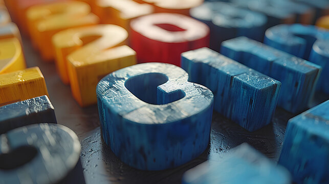 Colorful wooden numbers scattered on table