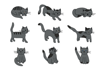 Hand drawn cat clipart. Cute pet doodle set