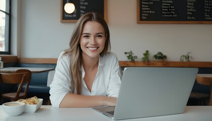businesswoman, wearing suit using laptop working in cafe, restaurant, coffee shop