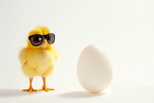 A fluffy yellow chick wearing cool sunglasses stands next to an egg on a white background.