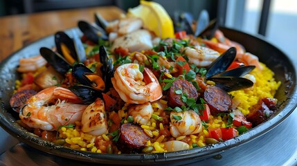 Spanish paella mixta with saffron rice, seafood, chicken, chorizo, and vegetables