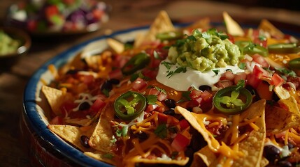 Tex-Mex loaded nachos with melted cheese, black beans, jalape?+/-os, guacamole, sour cream, and salsa - obrazy, fototapety, plakaty