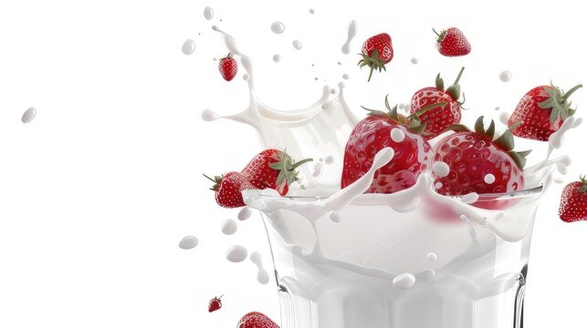 Strawberries falling into a glass of milk splash art white background amazingly fluid detailed  