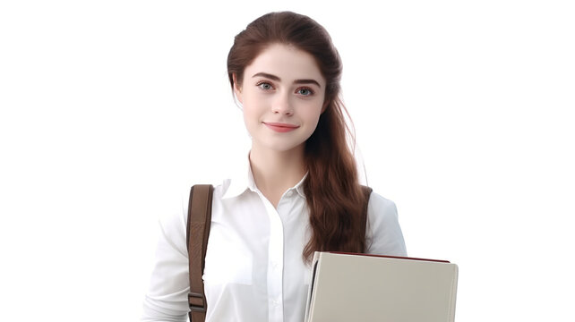 A lovely young lady isolated on a white background holding a backpack and notes