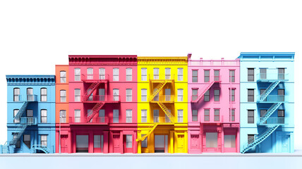 Walls of vividly colored buildings with fire isolated on a background of pure white
