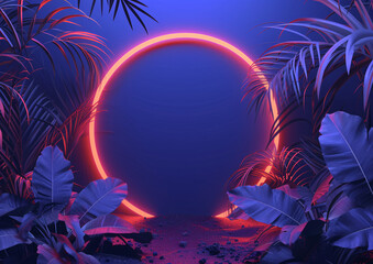 Mystical Neon Eclipse Amidst Exotic Flora: A Vibrant Digital Artwork for Futuristic and Fantasy Concepts