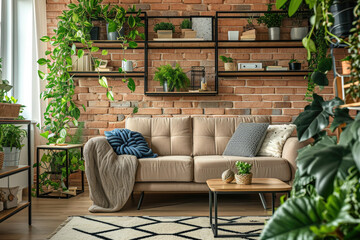 Living room with green houseplants and furniture that decor around the room, cozy home decor background, plant minimal design.