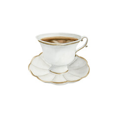 White porcelain tea cup and saucer with gilded rim, Victorian style. Cup of tea. Watercolor illustration