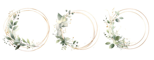 Set of green lleaves wreath eucalyptus branches and gold circle decoration. - obrazy, fototapety, plakaty