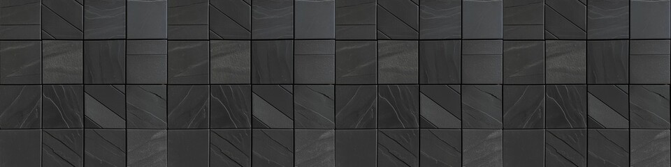 Black antharcite dark stone concrete cement tiles texture with square cubes mosaic tile background panorama banner long, seamless pattern
