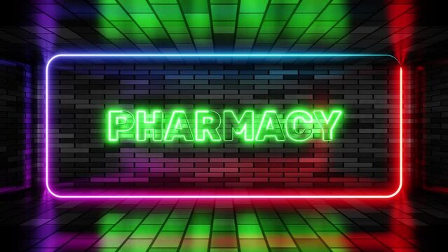 Neon sign pharmacy in speech bubble frame on brick wall background 3d render. Light banner on the wall background. Pharmacy loop medicines and pills, design template, night neon signboard