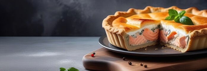 Classic pie with salmon and white fish on wooden board Composition with fish pie on concrete background with textile and spices Homemade pie with fish in rustic style on gray table. Creative Banner. s - obrazy, fototapety, plakaty