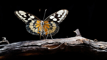 Butterfly isolated on a pristine dark background perched on a dry branch