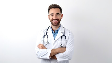 A happy and upbeat doctor with crossed hands is isolated against a stark white background. - obrazy, fototapety, plakaty