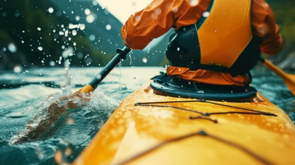 Küchenrückwand glas motiv Man in kayak with paddle. Back view. Splashes of water of mountain river. Extreme kayak sport concept. Generative AI © AngrySun