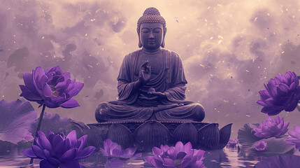Buddha with purple lotuses on the darl sky background