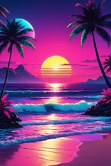 Tuinposter 1980s synthwave disco aesthetic style, on the beach, ultra high textured, ultra high quality  © shazma