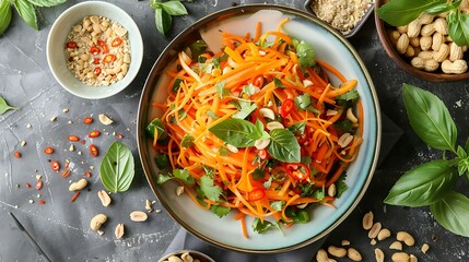 Thai mango salad with shredded green papaya, carrots, peanuts, and a tangy lime dressing