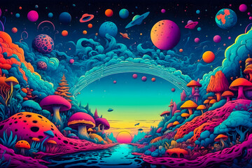colorful psychedelic landscape with mushrooms and planets, surreal fantasy world