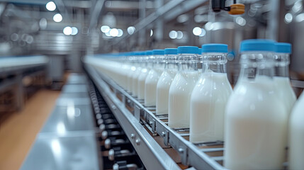 Production milk in bottles in a factory, food industry concept - obrazy, fototapety, plakaty