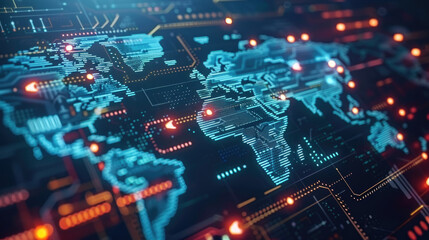 Close-up view of a digital world map interface with illuminated lines and nodes representing global network connections and international communication.